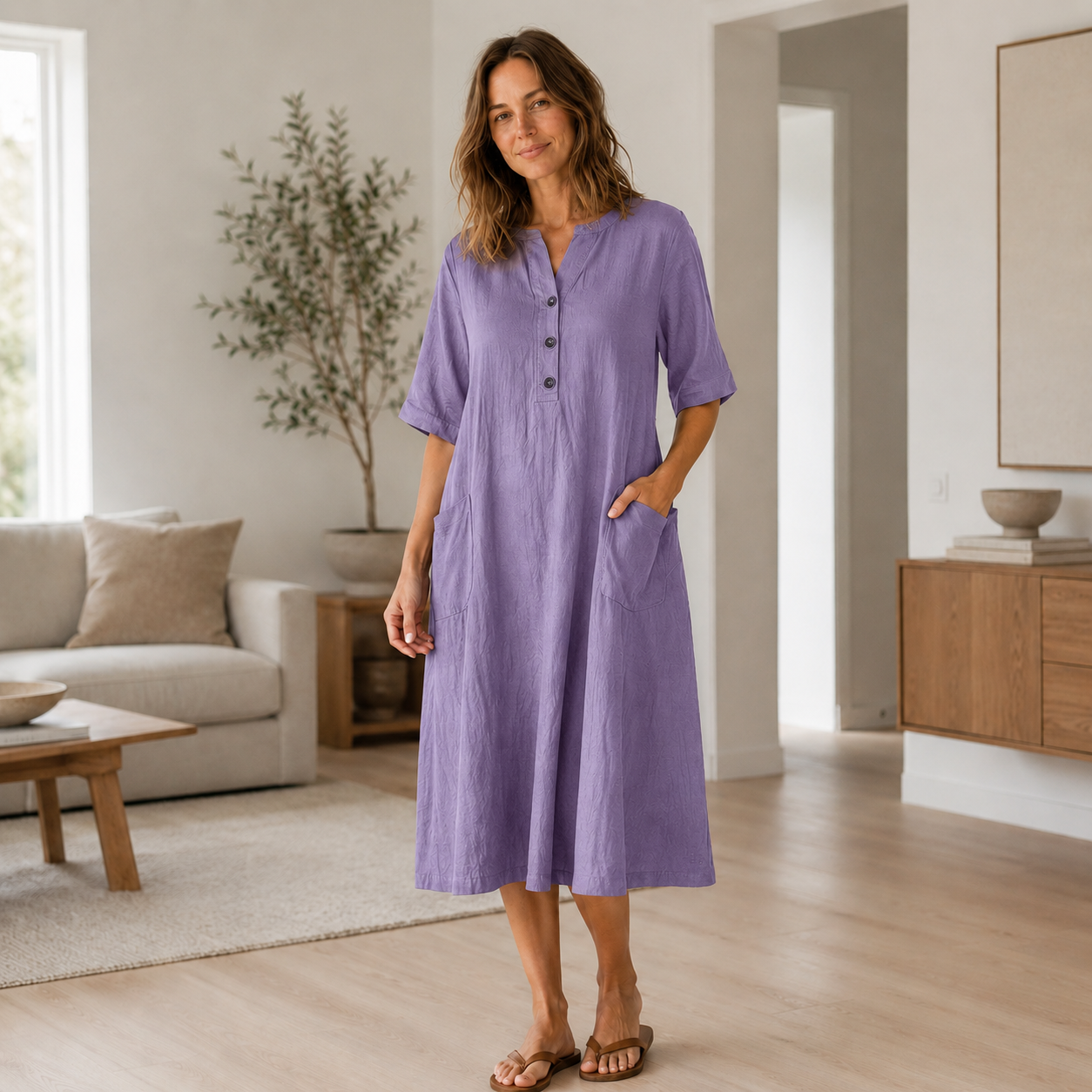 Vestido de Lino Helena – Botonadura y Bolsillos Laterales