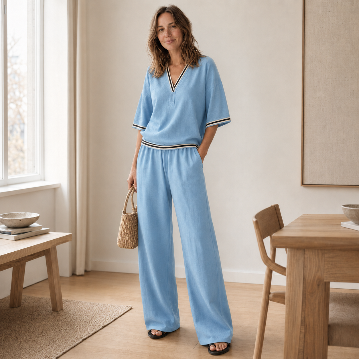 Conjunto Loungewear Nanna – Blusa de Rayas y Pantalón Ancho