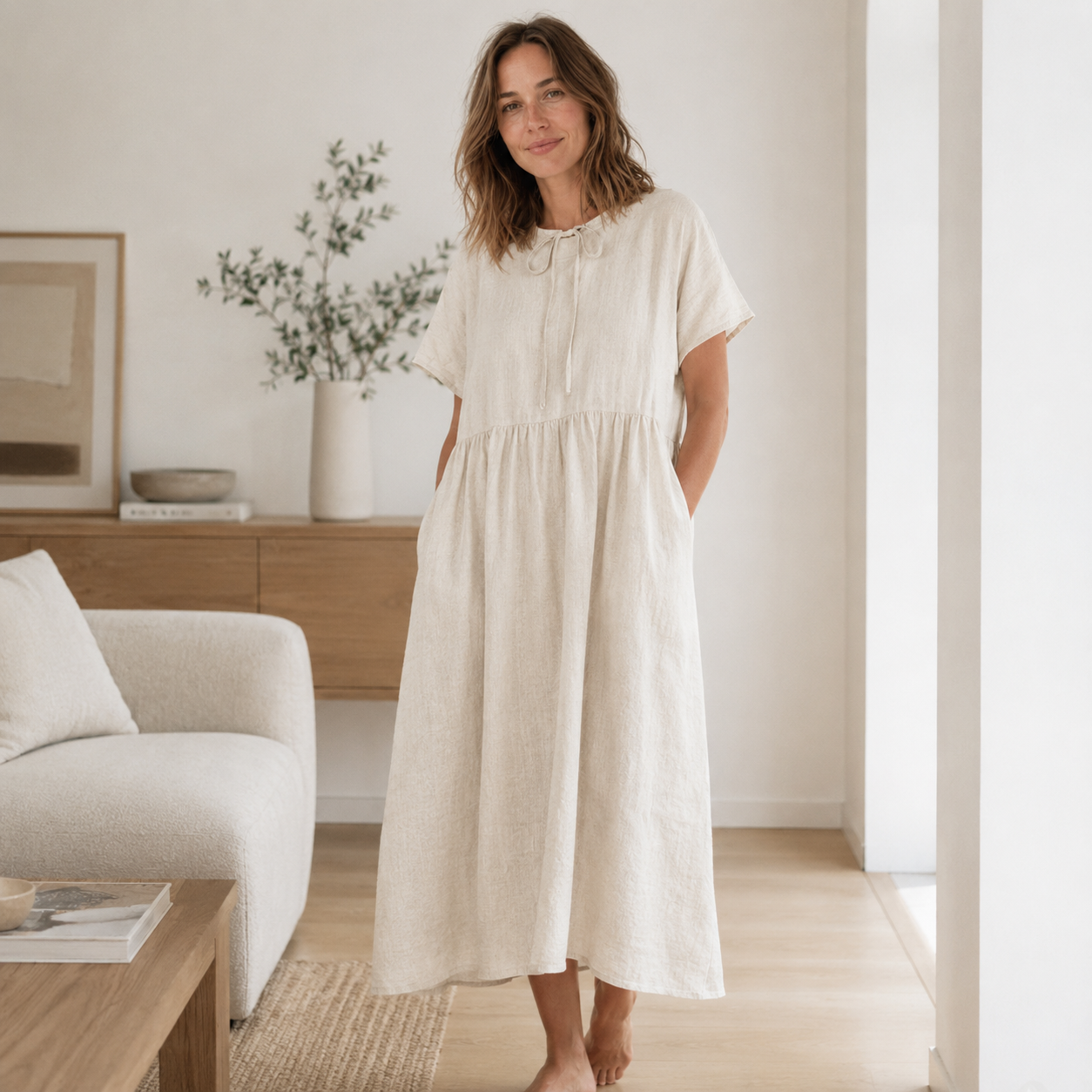 Vestido Trapecio de Lino Hedda – Vuelo Amplio y Cuello Redondo