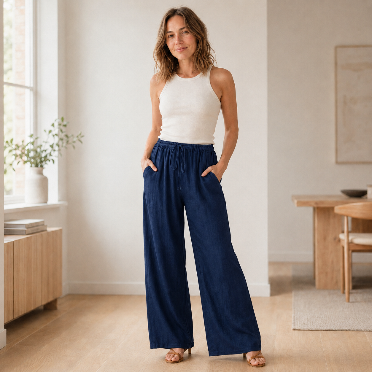 Pantalón Palazzo Alva – Pierna Ancha con Cinturón Anudado