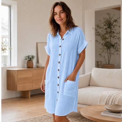 Vestido Camisero de Muselina Edda – Abotonado con Bolsillos