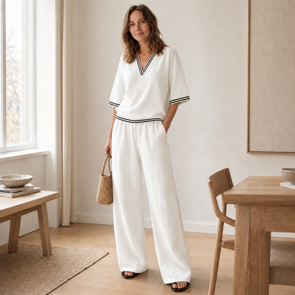 Conjunto Loungewear Nanna – Blusa de Rayas y Pantalón Ancho