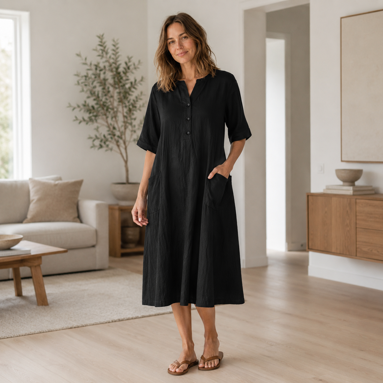Vestido de Lino Helena – Botonadura y Bolsillos Laterales