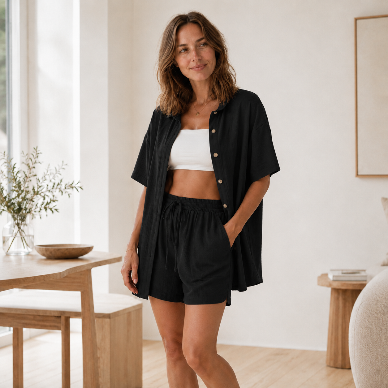Conjunto Loungewear Nea – Camisa Oversized y Shorts