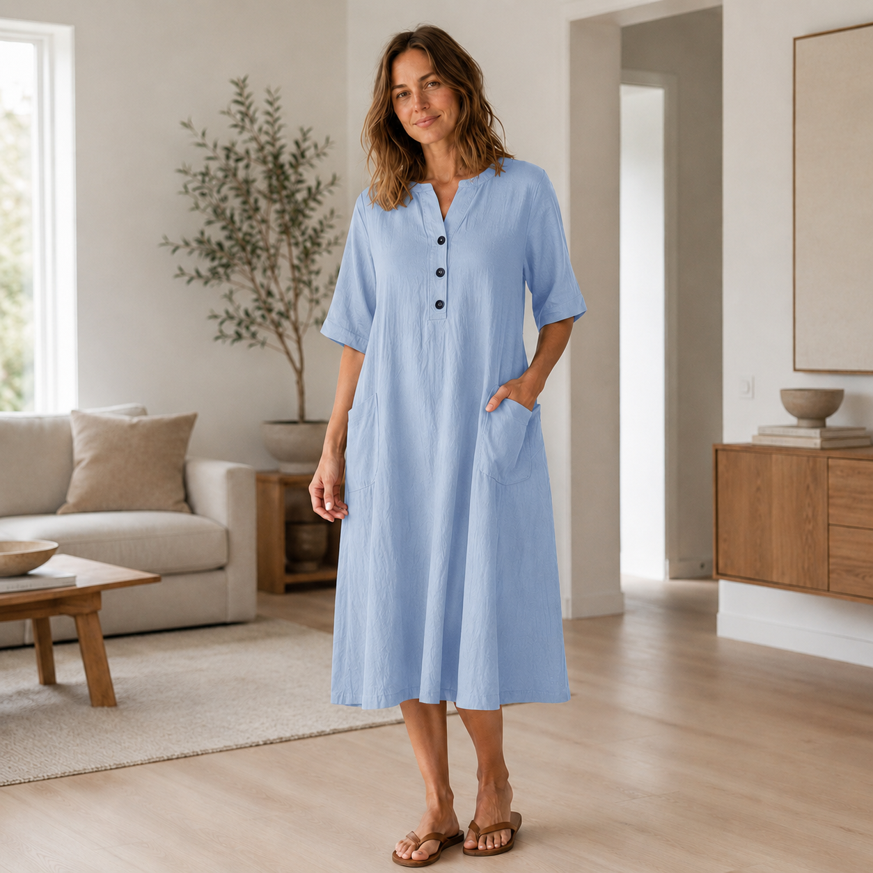 Vestido de Lino Helena – Botonadura y Bolsillos Laterales