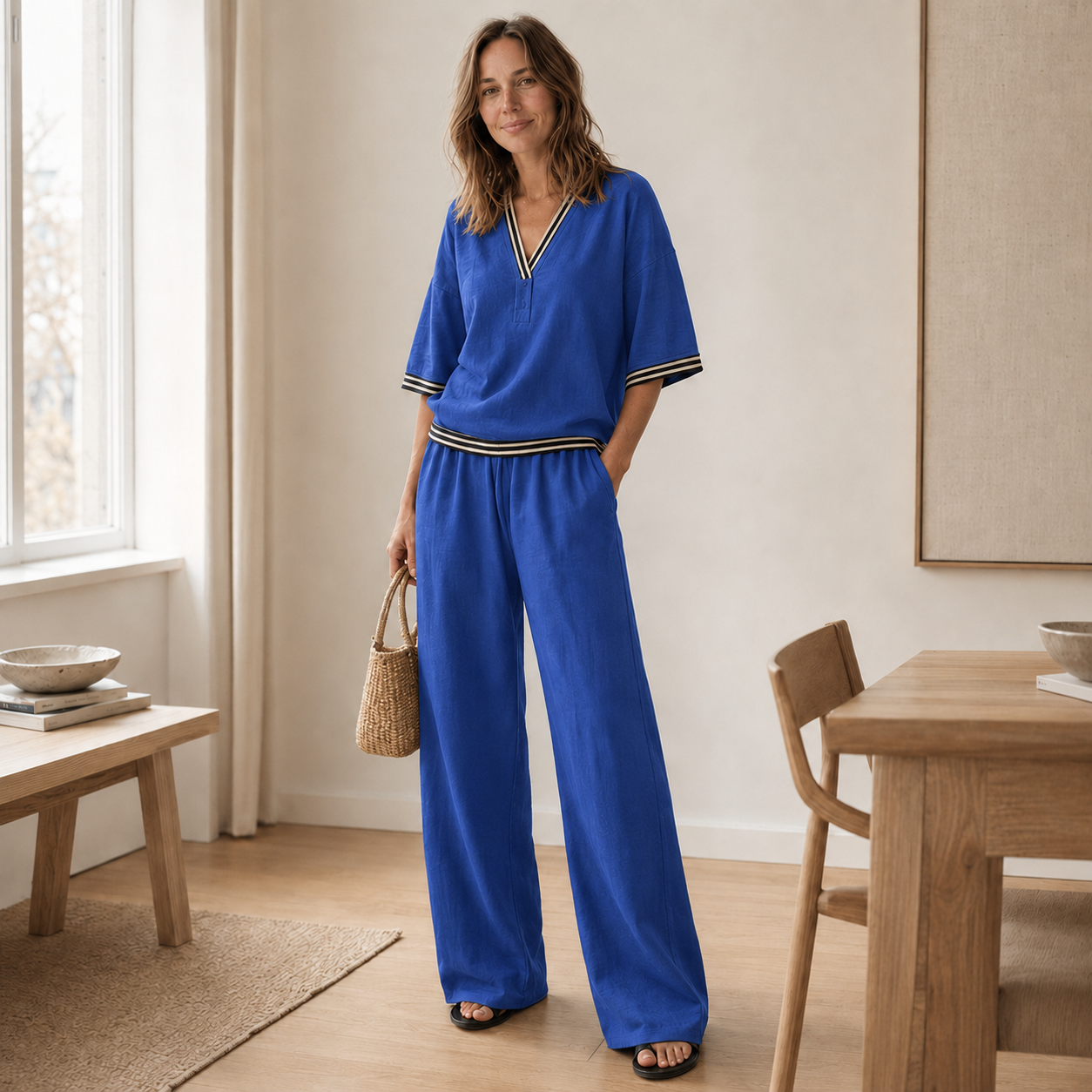 Conjunto Loungewear Nanna – Blusa de Rayas y Pantalón Ancho