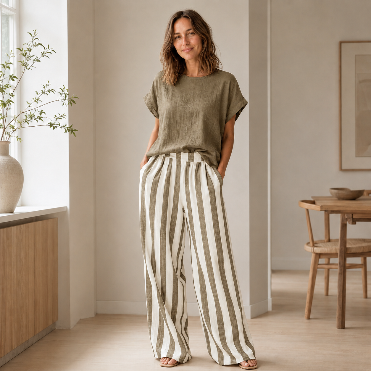 Conjunto Loungewear Runa – Top Básico y Pantalón de Rayas